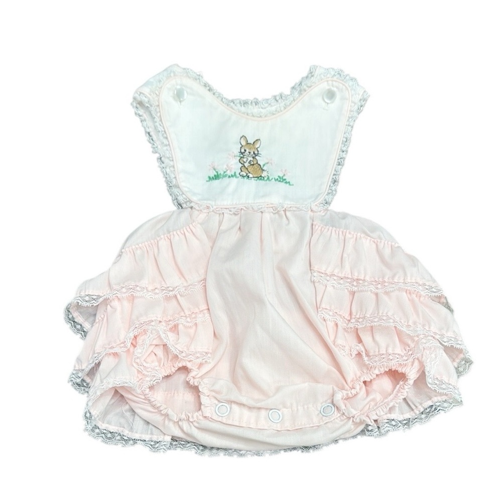VINTAGE Toddle Tyke Frilly One Piece Sun Set With Embroidered Bunny Size NB-3MOS